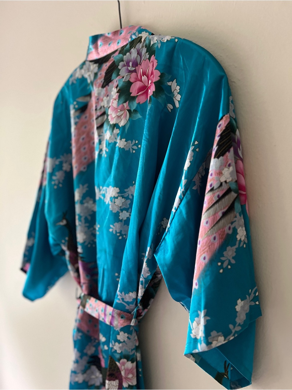 Veami Turquoise Floral Satin Kimono Cover-Up S/M - Picture 7 of 9